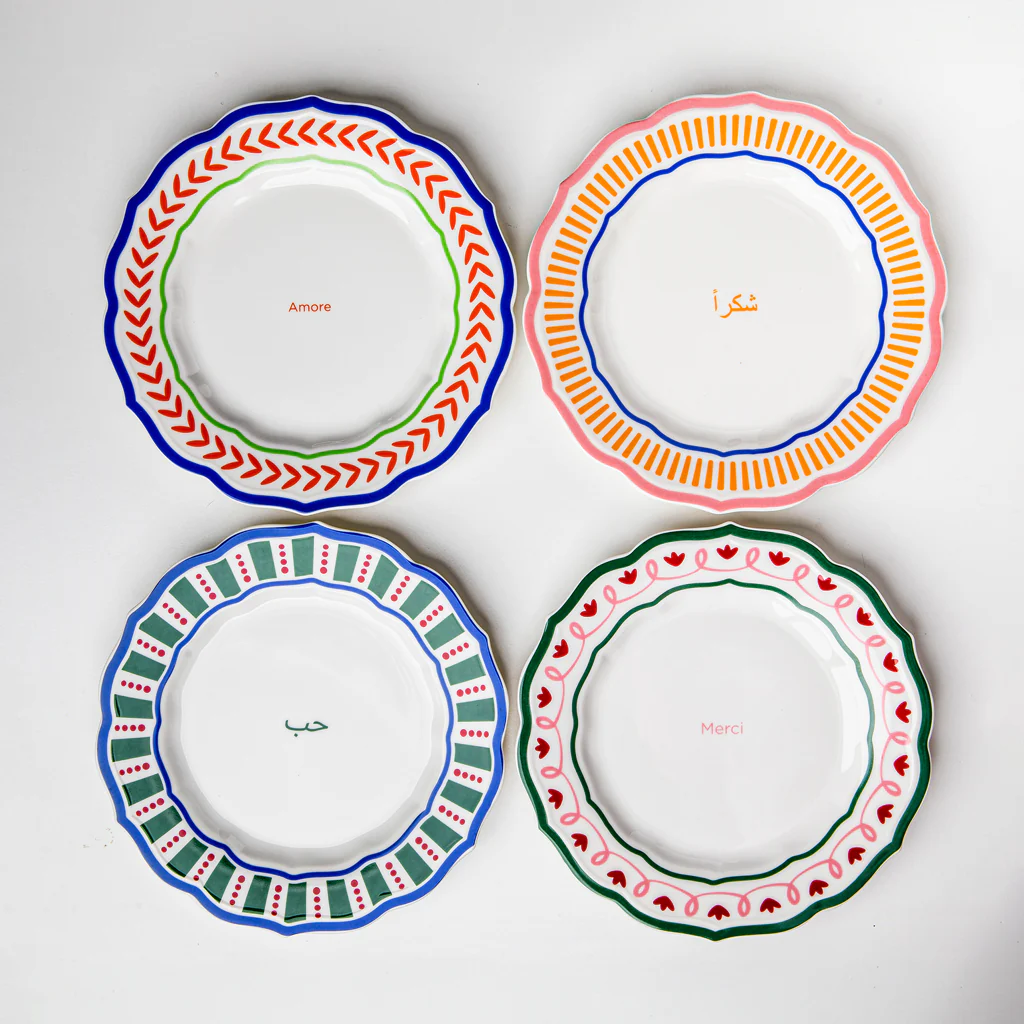 Handcrafted porcelain Shukran dessert plates, set of four, multicoloured — Curate Home Bestsellers.