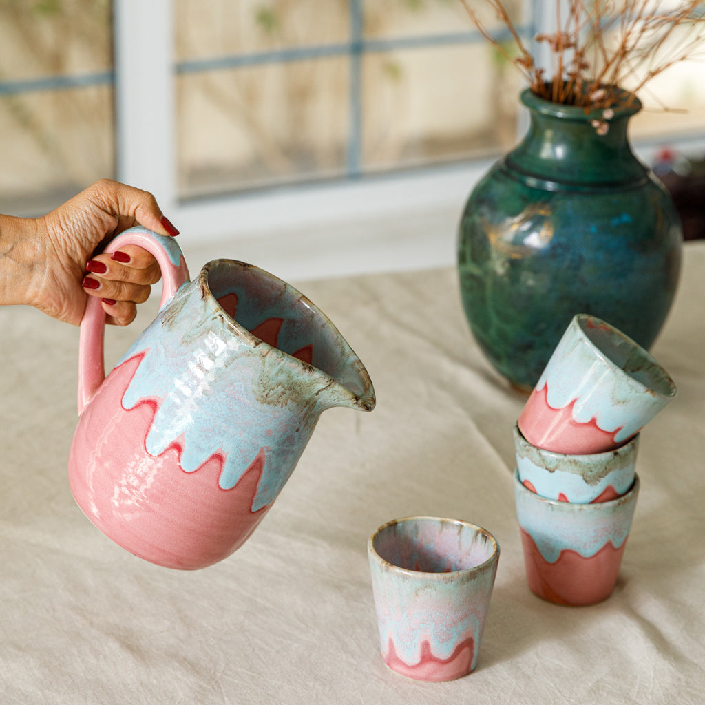 Rouge Jug And 4 Rouge Glasses Set