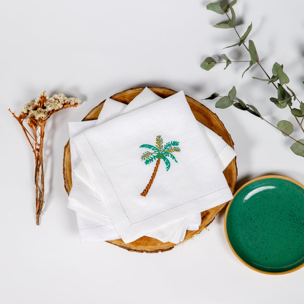 Palm Linen Napkin - Set of 4 - Coloured Embroidery