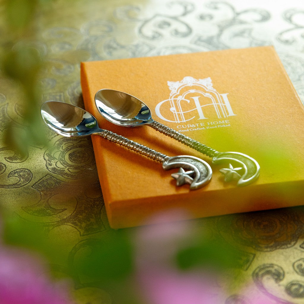 Star and Moon Dessert Spoons Silver Colour- Set of 4