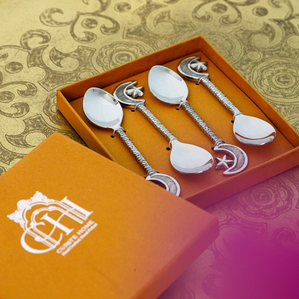Star and Moon Dessert Spoons Silver Colour- Set of 4