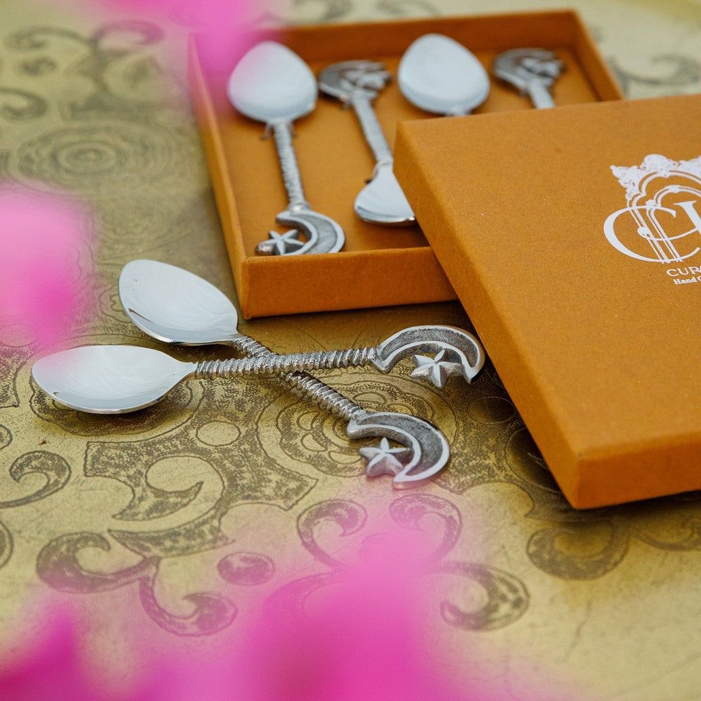 Star and Moon Dessert Spoons Silver Colour- Set of 4