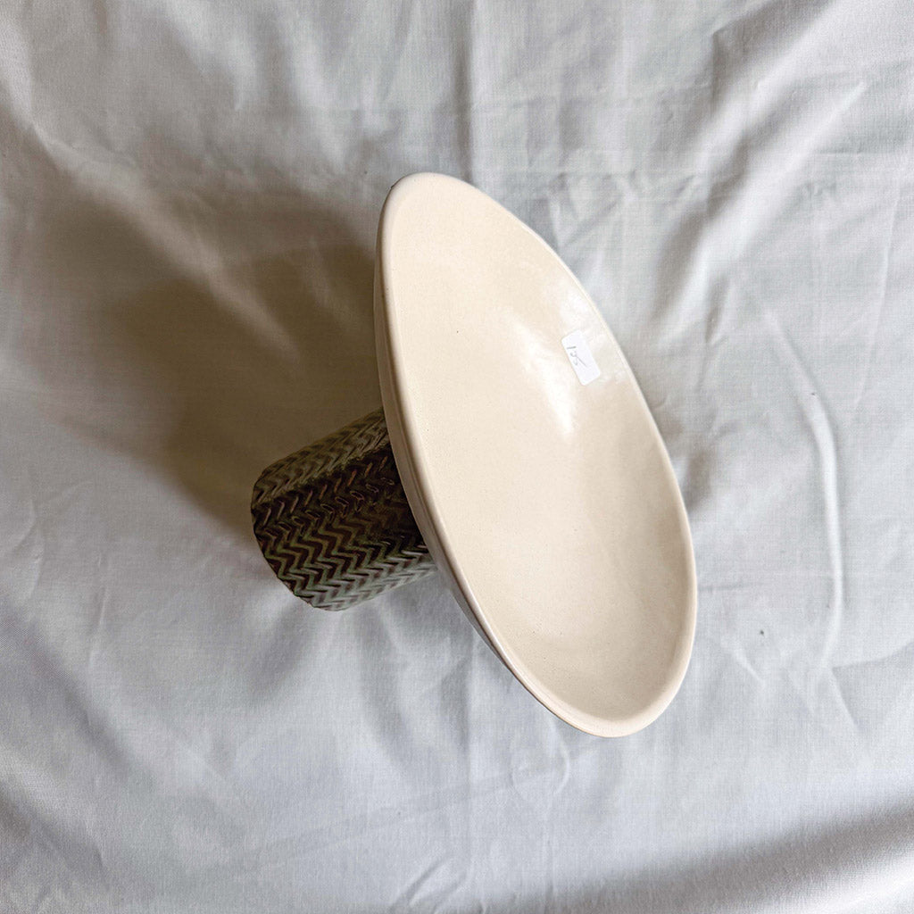 Off White Pedestal Bowls with Green Glaze