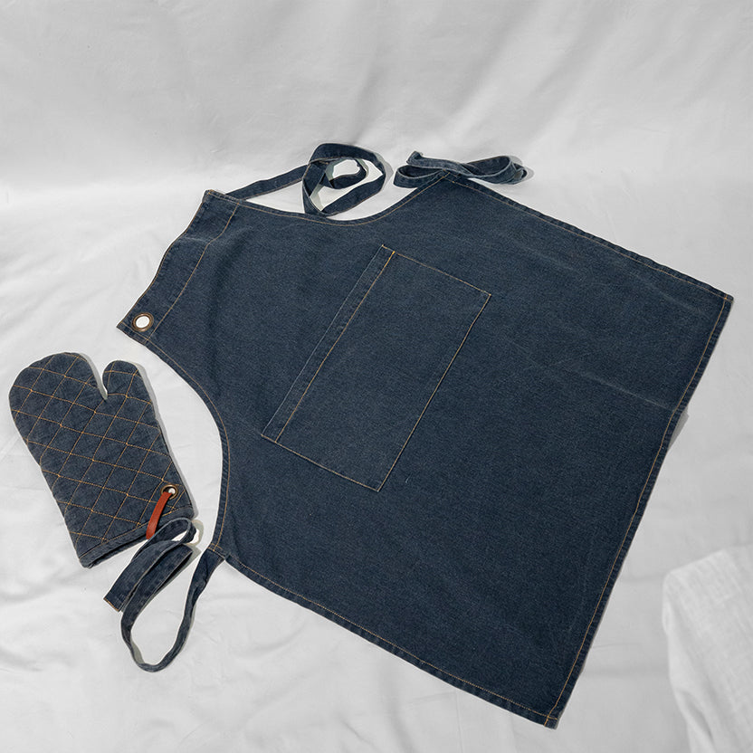 مريلة رجالية من قماش الدنيم وقفازات الفرن 