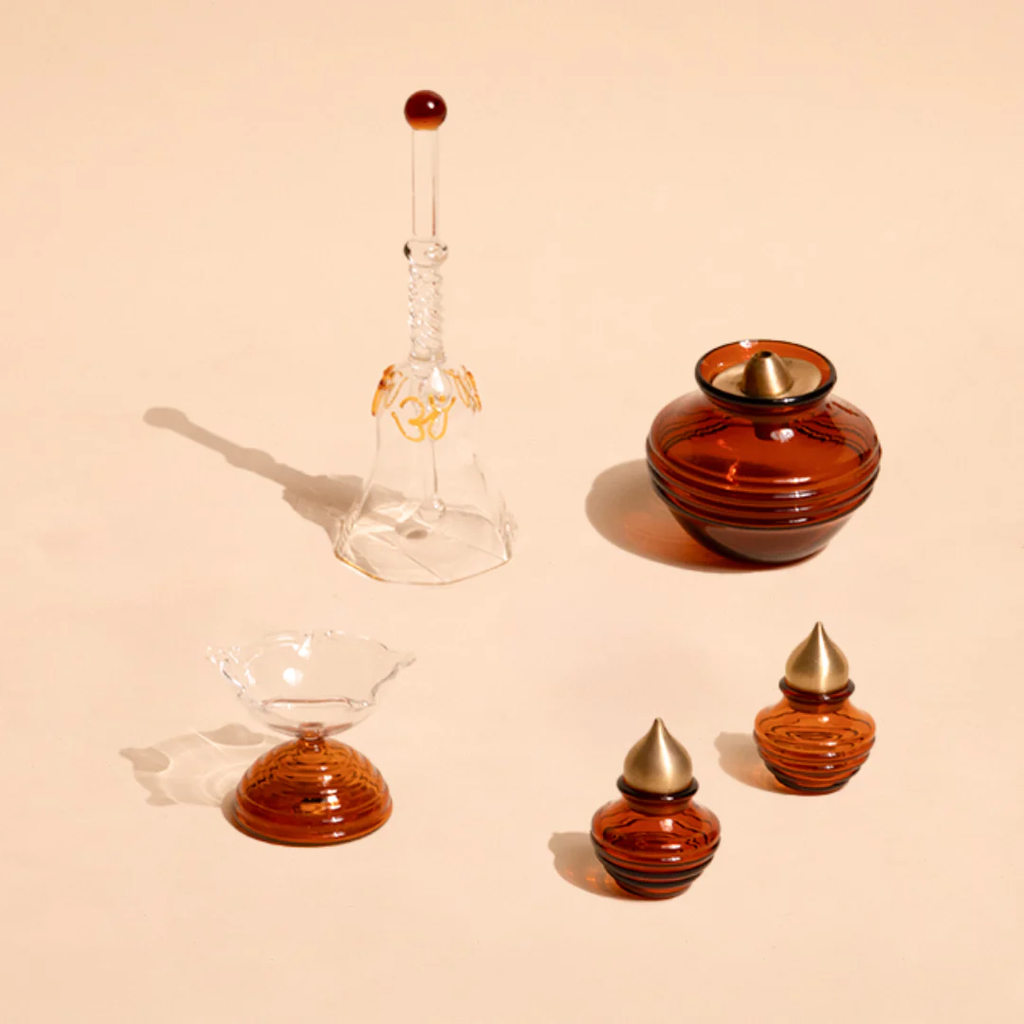Amber Festive Gift Box - Glass Oil Lamps, Jars & Bell Gift Box - Set of 5