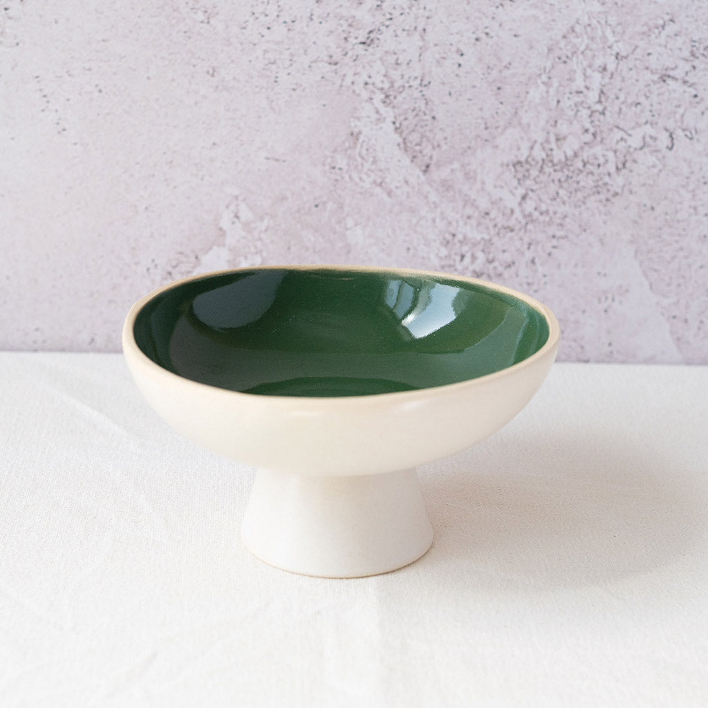 Willow Pedestal Bowl with Green and Off-white glaze