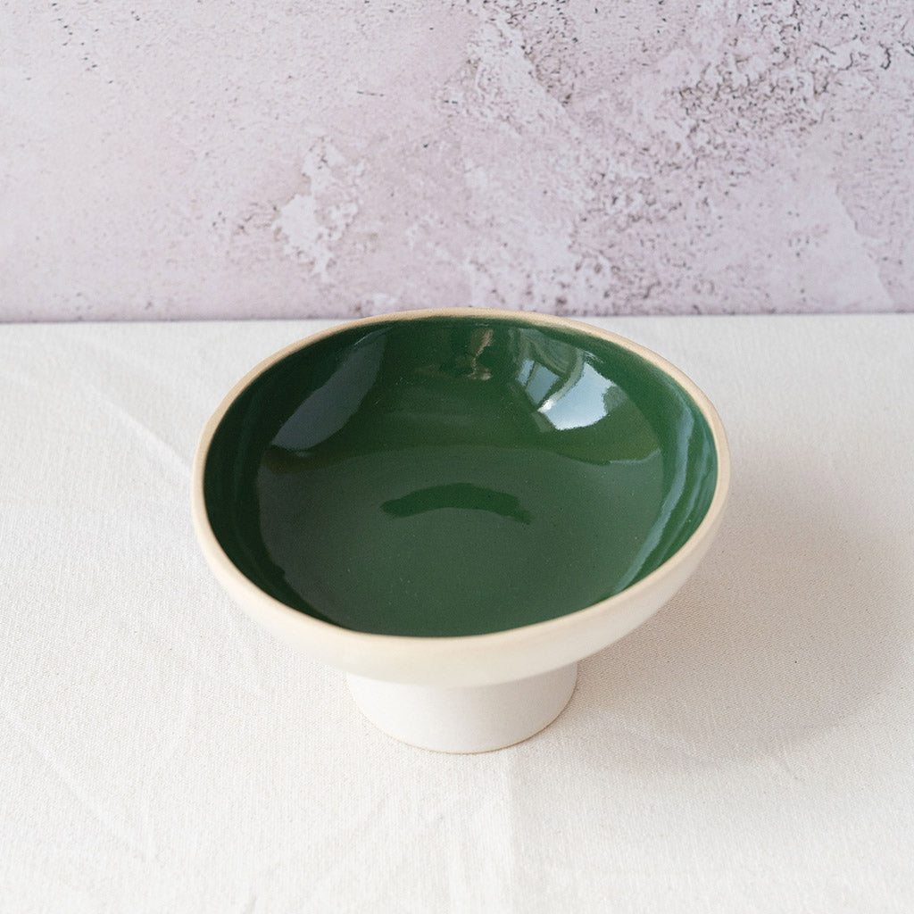Willow Pedestal Bowl with Green and Off-white glaze