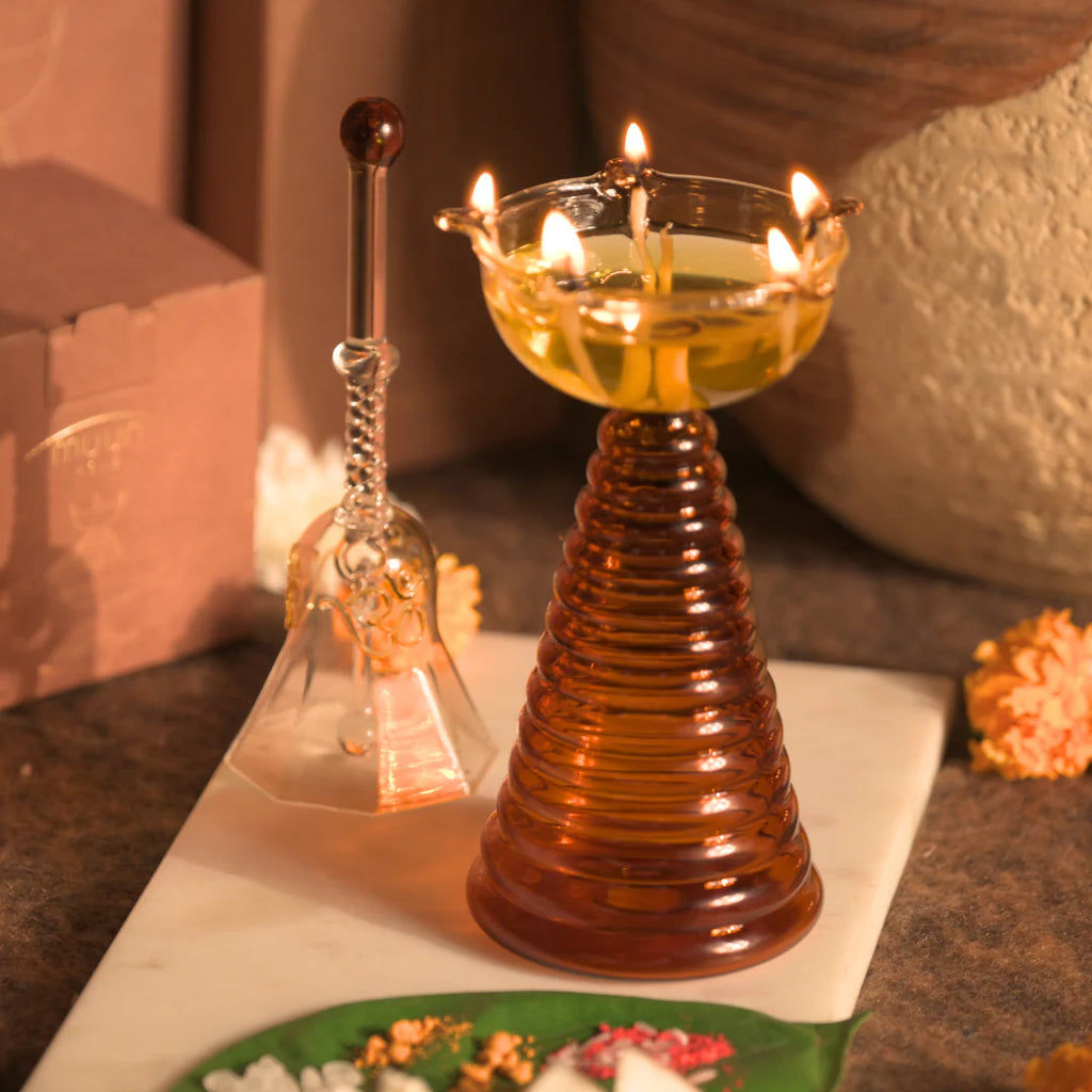 Amber Glass Oil Lamps and Bell Gift Set