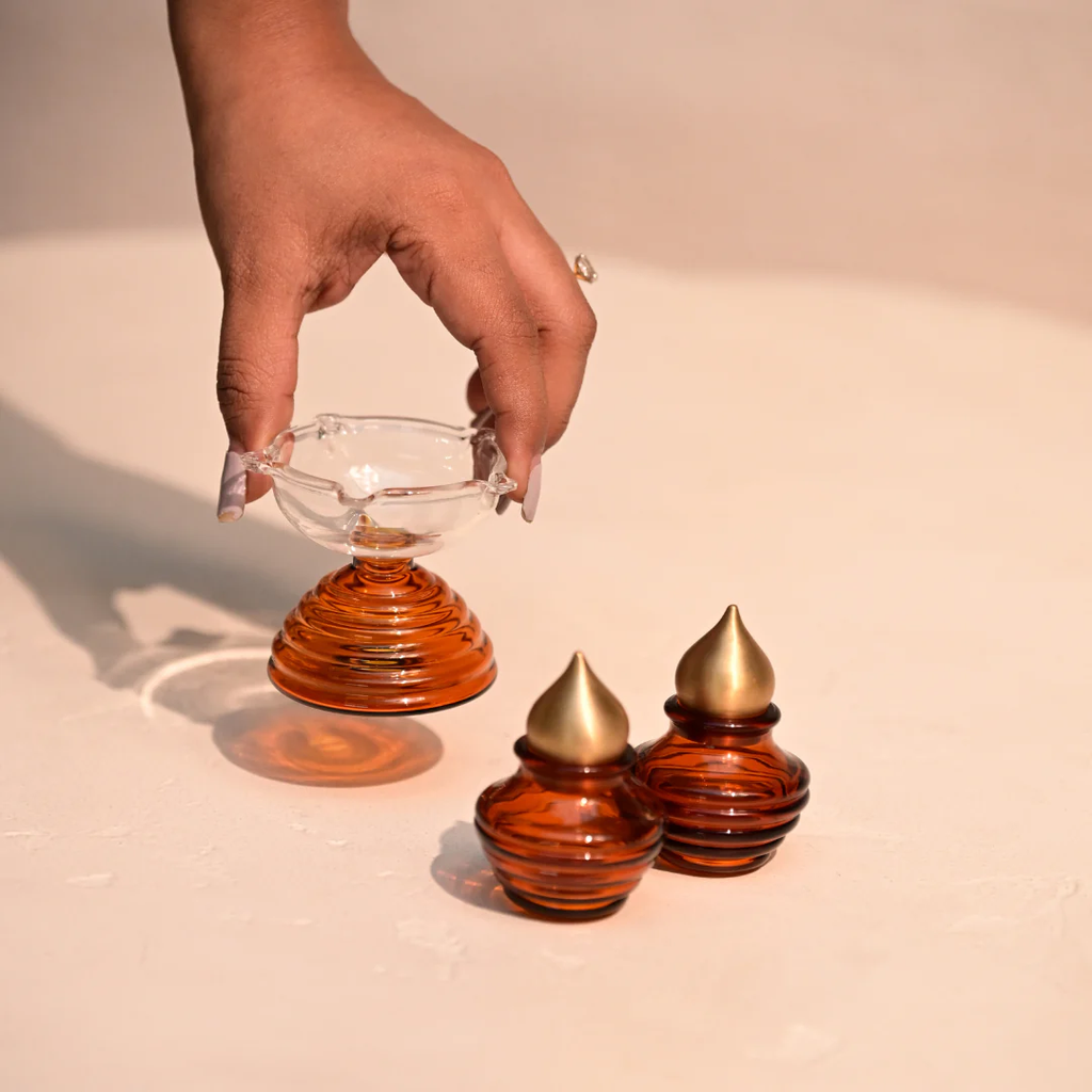 Amber Festive Gift Box - Glass Oil Lamps, Jars & Bell Gift Box - Set of 5