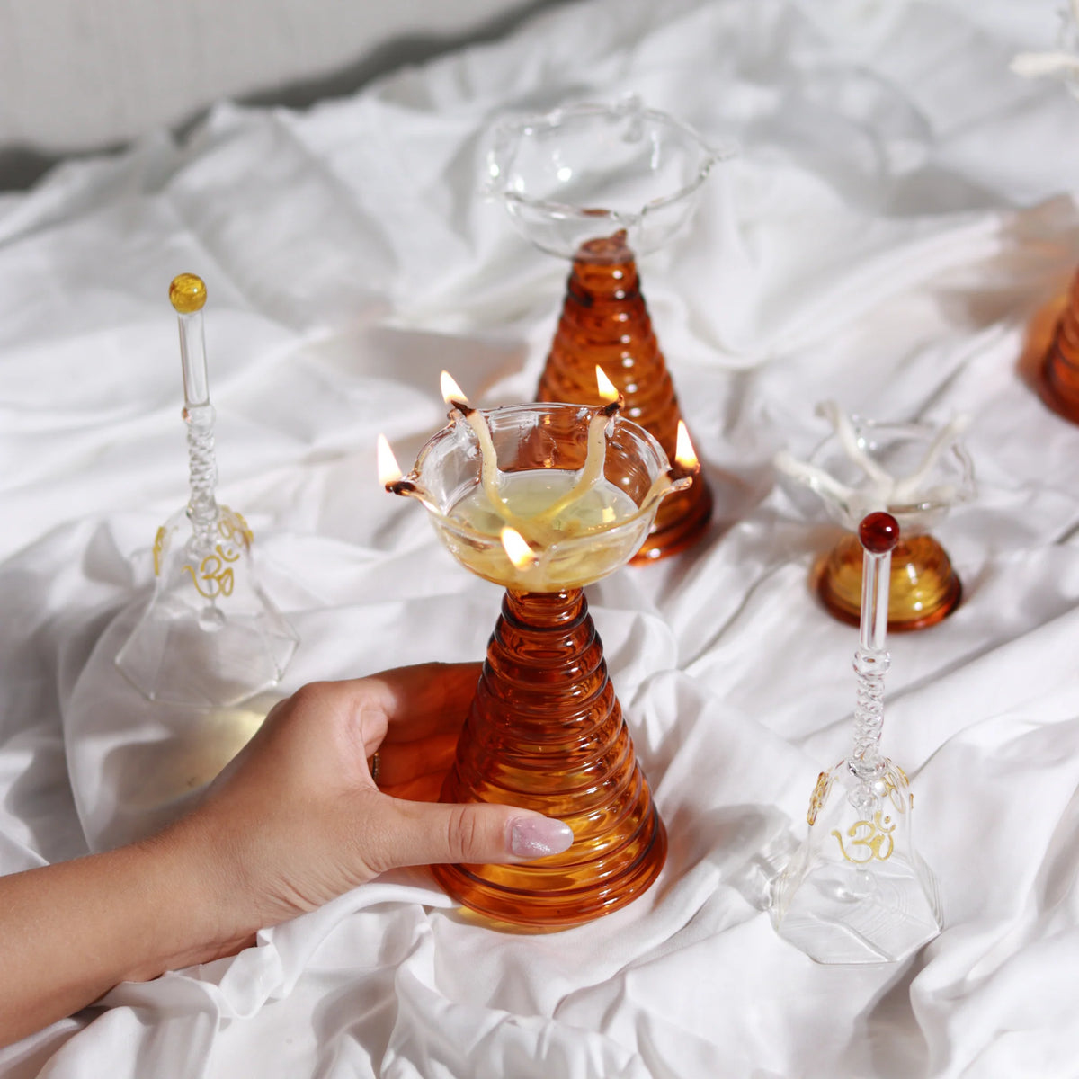 Amber Glass Oil Lamps and Bell Gift Set