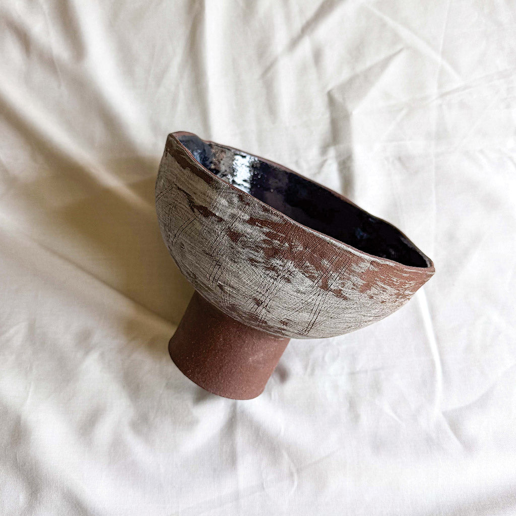 Distressed Dark Brown Handcrafted Pedestal Bowl