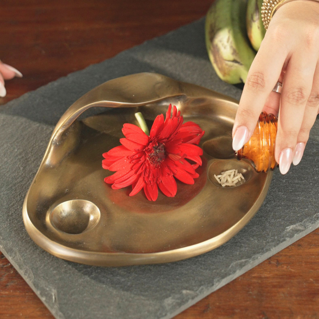 Pooja thali with brass diya styled for Diwali pooja