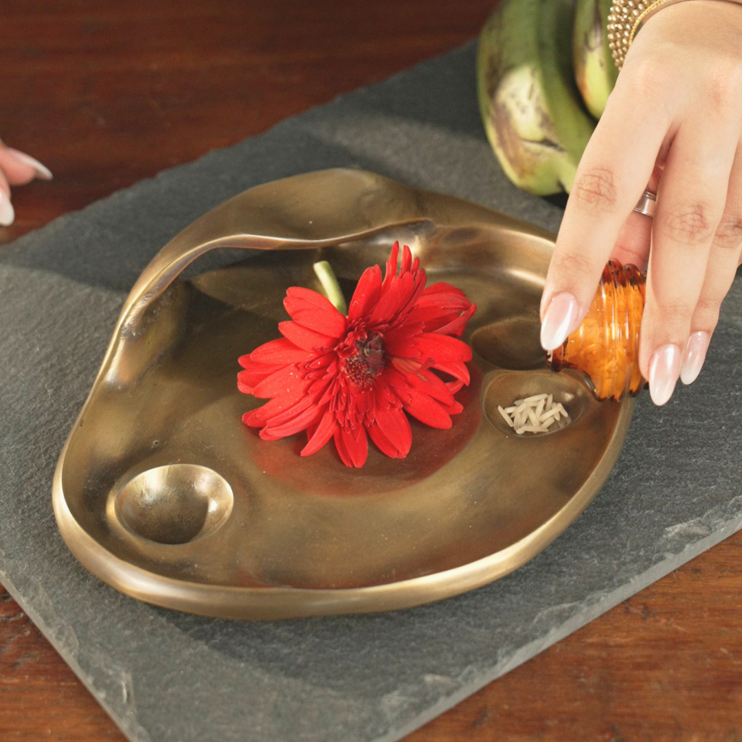 Pooja thali with brass diya styled for Diwali pooja