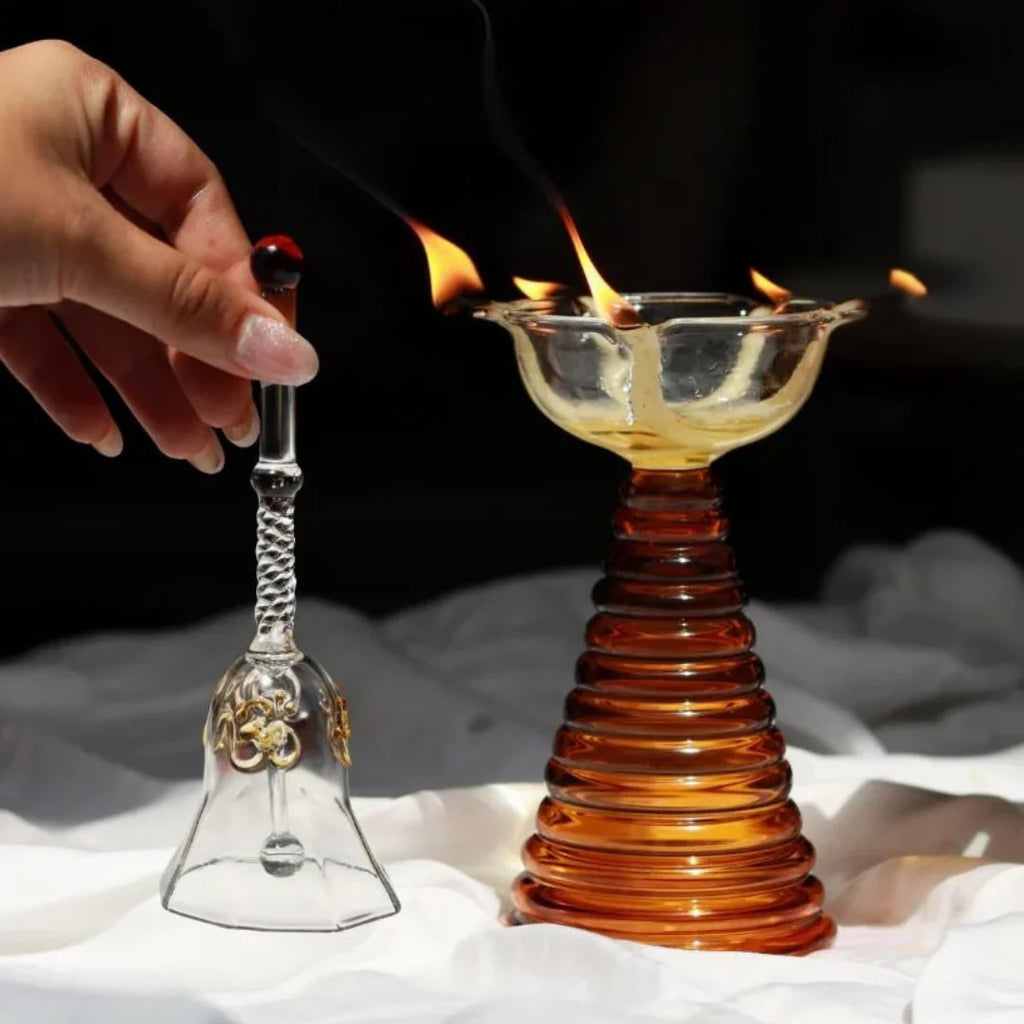 Amber Glass Oil Lamp & Bell Gift Box - Set of 2