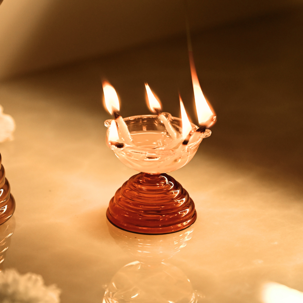 Amber Short Glass Diya & Bell Gift Box – Set of 2