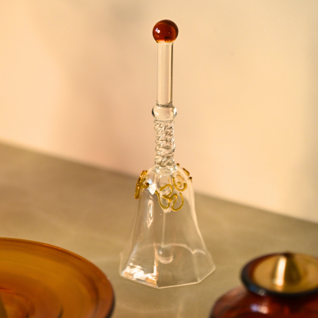 Amber Short Glass Diya & Bell Gift Box – Set of 2