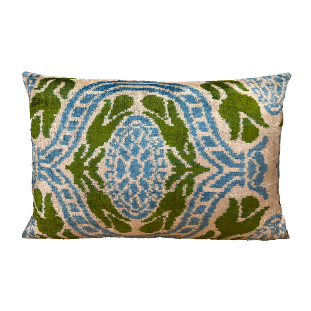 A 70% Silk 30% Cotton Decorative Cushion covers or case decor with blue and green pattern on a white background.
