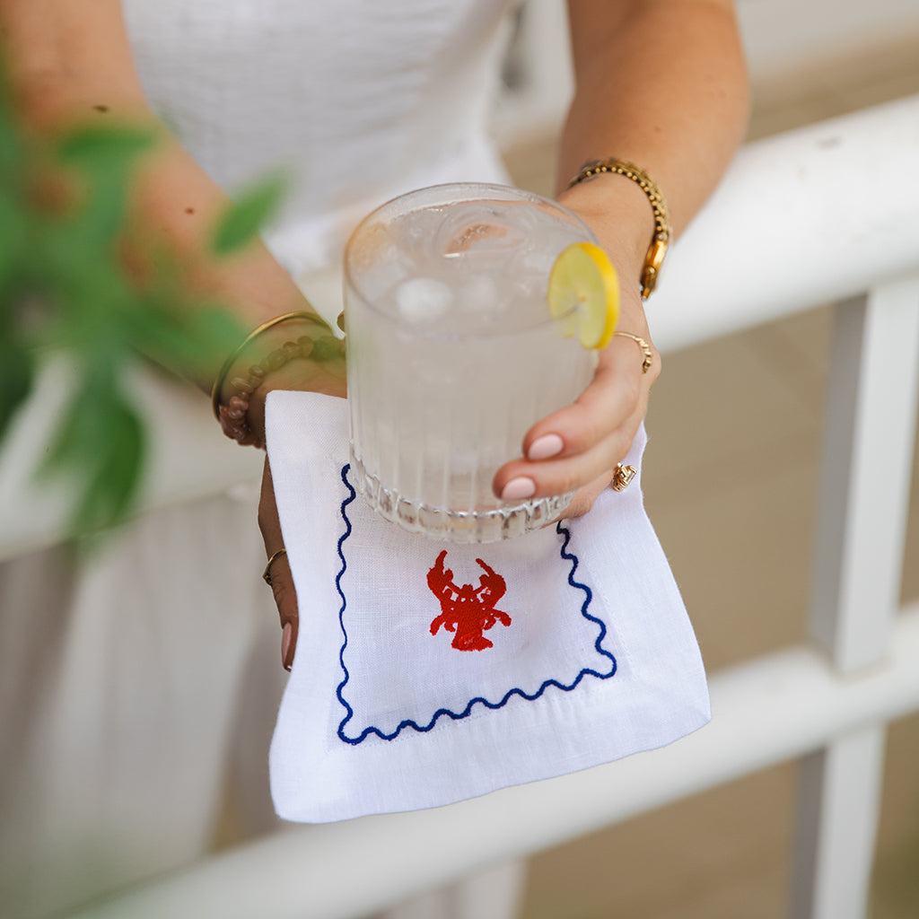 Embroided Cocktail Napkins set of 4 -with the crab and lobster design. 