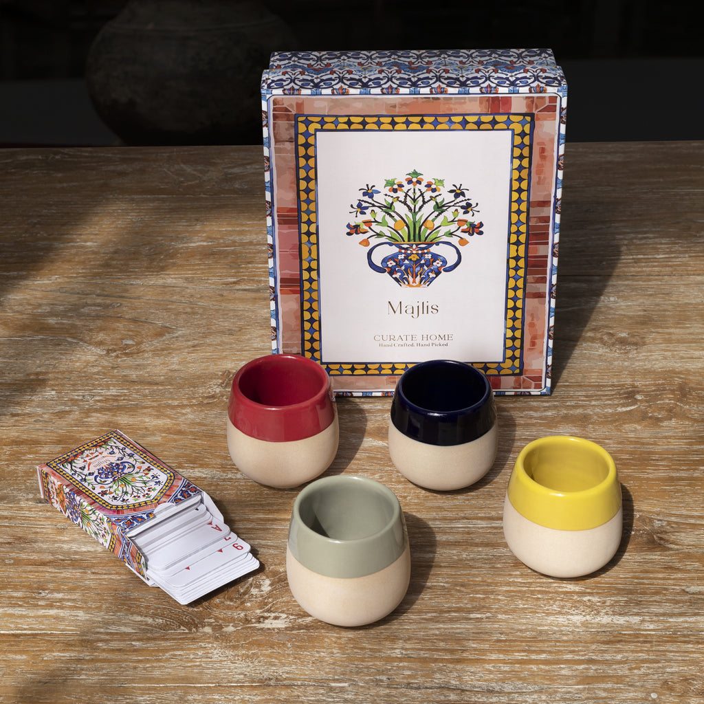 Majlis Gift Box Ceramic Blue ed Green Red Cups and Playing Cards Game