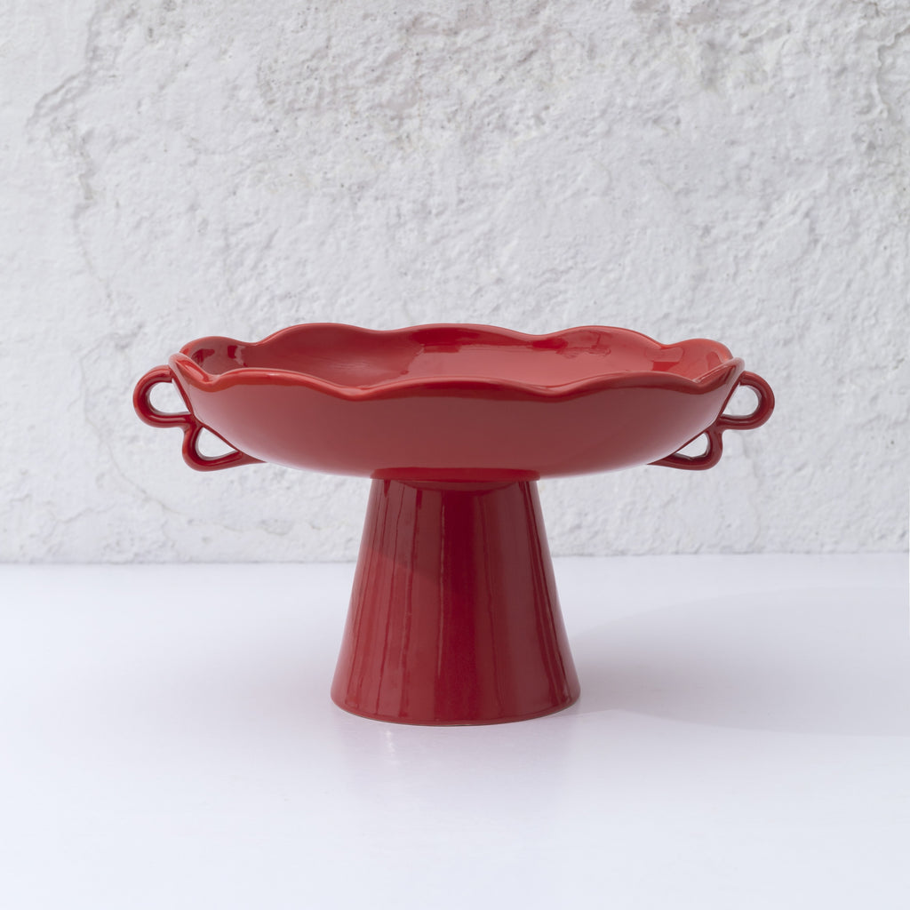 Red Ceramic Pedestal Fruit Bowl