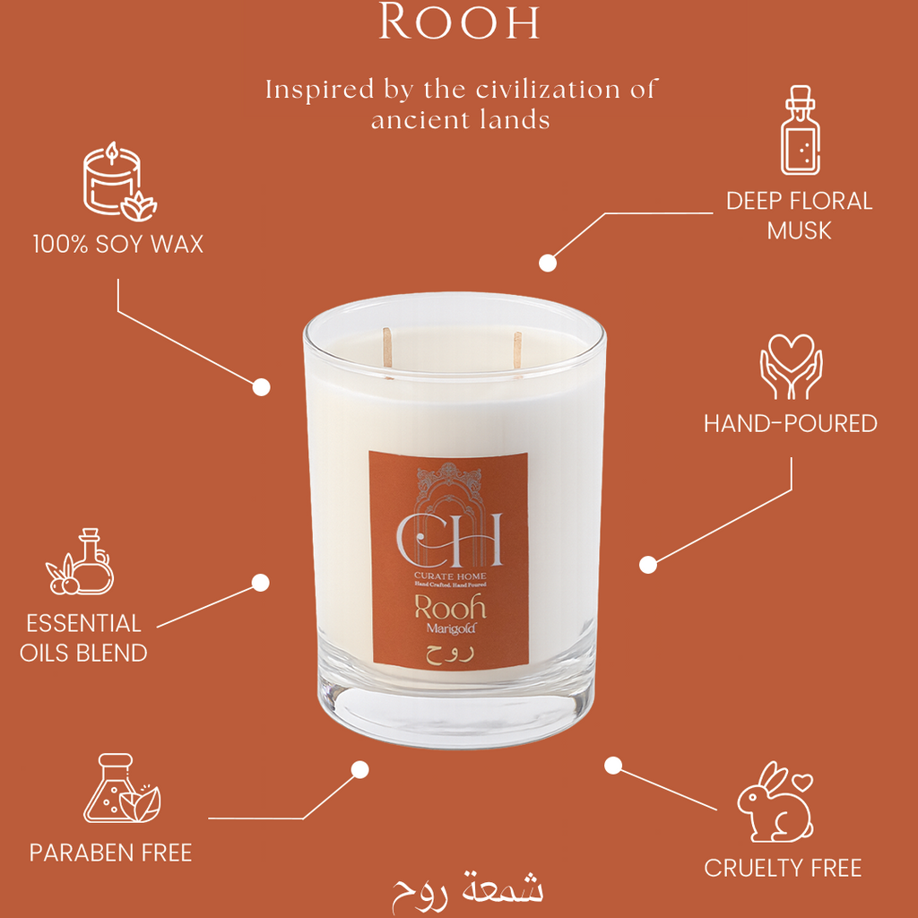 Rooh Candle Curate Home Soy Wax - Marigold Musk Tulip Floral Scent Candle