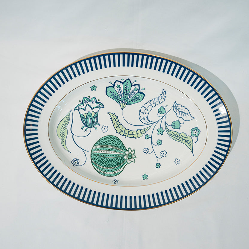 Serving platter with Chintz floral patterns and blue stripes on a white background