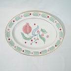 Serving platter with Chintz floral patterns and blue stripes on a white background