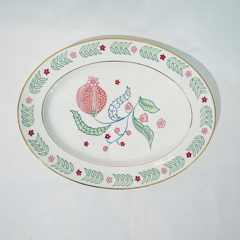 Serving platter with Chintz floral patterns and blue stripes on a white background