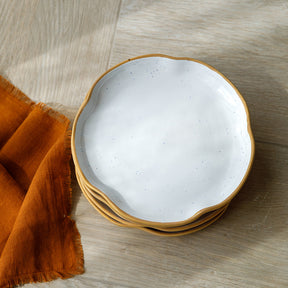 A set of four dinner plates made of a ceramic stoneware with contemporary curved edges, set off food beautifully.