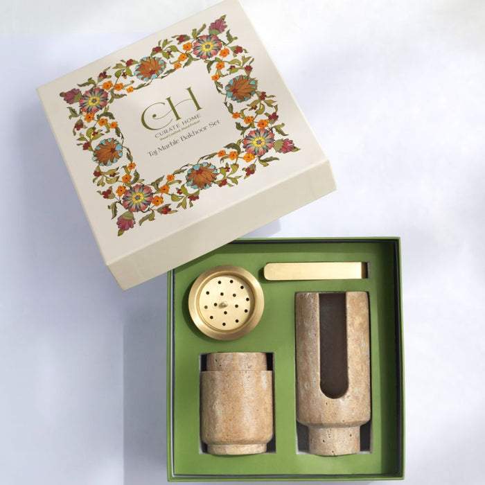 Taj travertine marble mabkhara bakhoor set with decorative gift box — Curate Home UAE