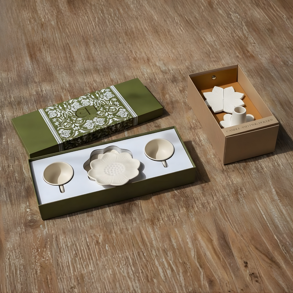 Set of ceramic tea cups and saucers in gift box