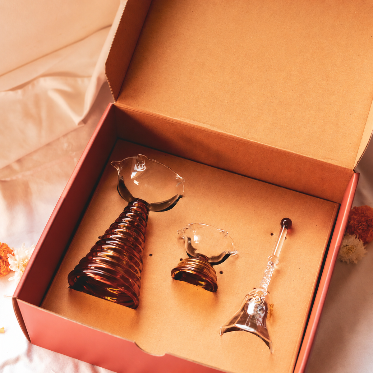 Amber Glass Oil Lamps and Bell Gift Set