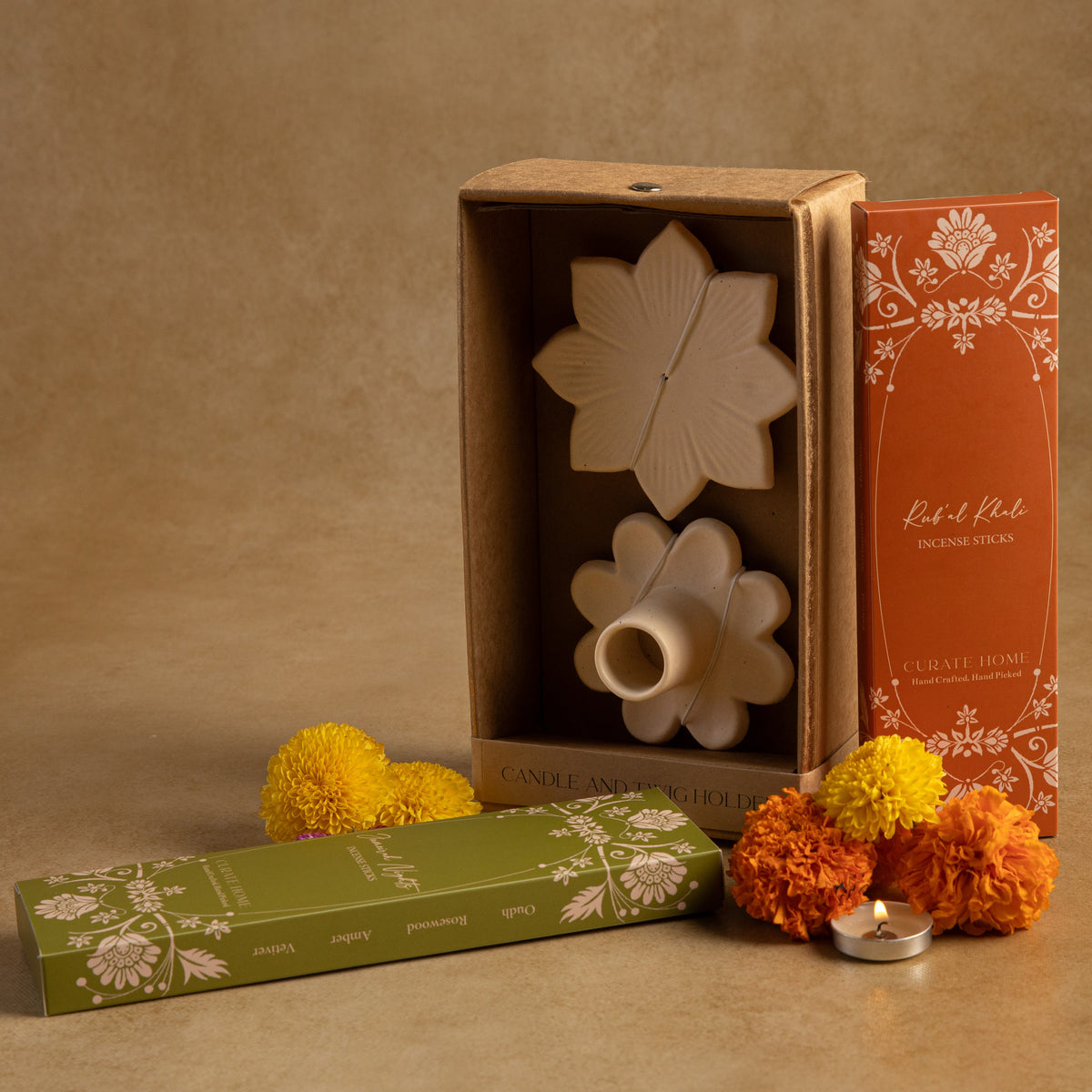 Candle and Twig Holder Set with Incense Sticks