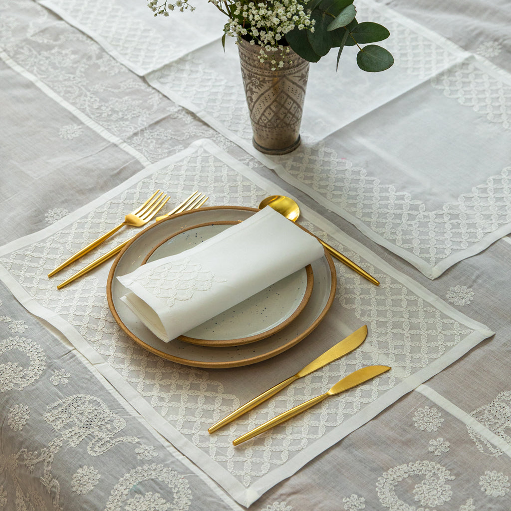 Chikankari Table Runner, Place Mats & Napkins